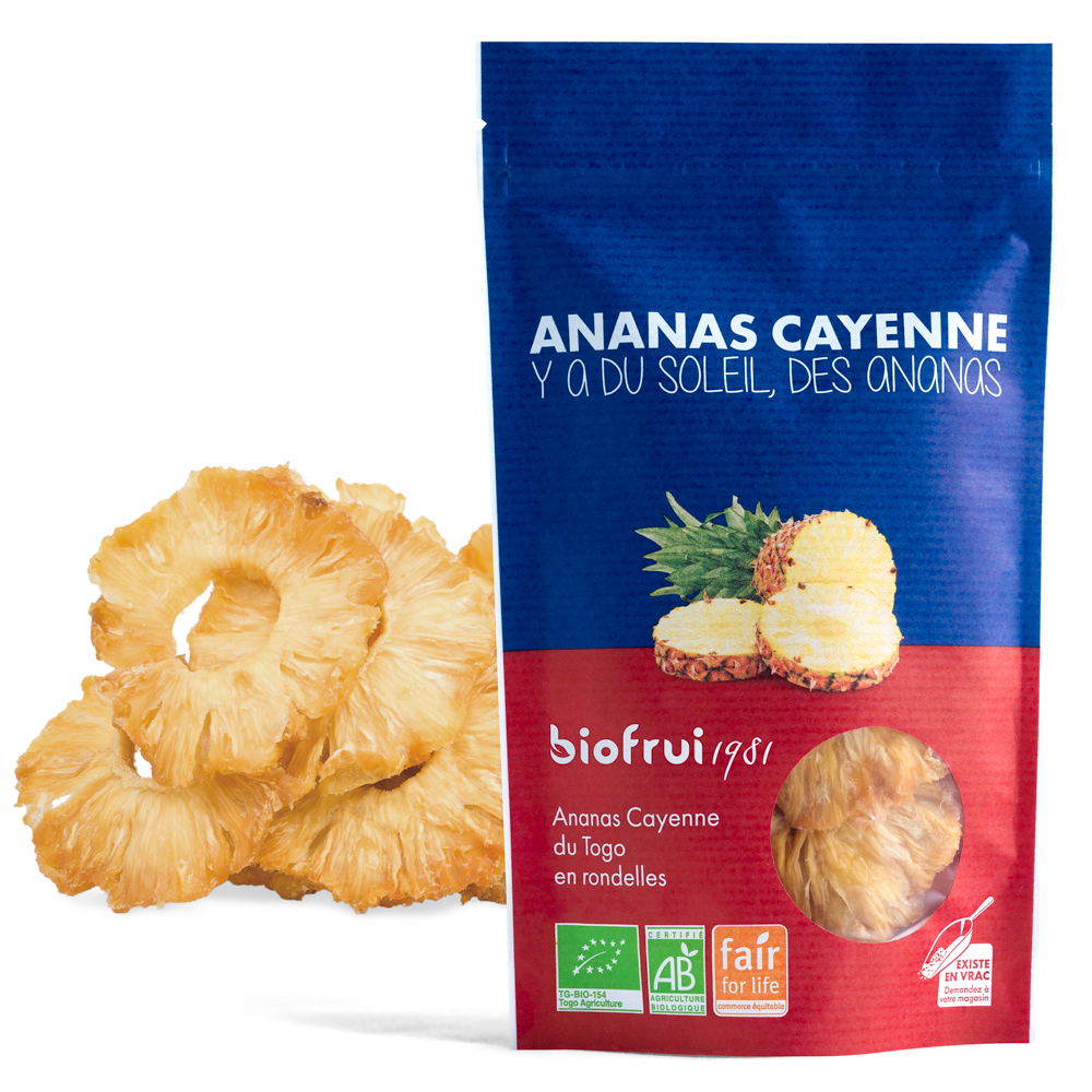 Ananas Cayenne séché en rondelles bio et équitable du Togo - Sachet 100g imprimé éco-conçu - Pack Éco