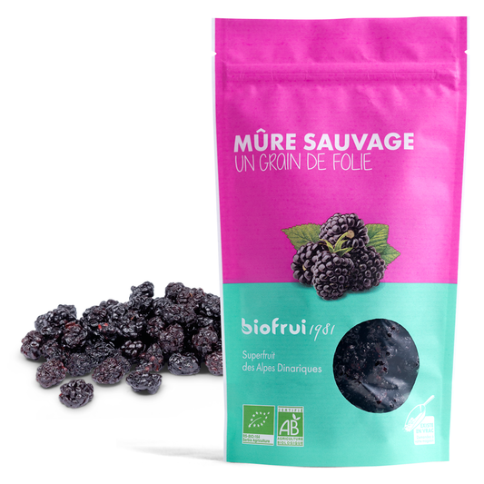 Mûre sauvage séchée entière bio des Alpes Dinariques - Sachet 100g Imprimé éco-conçu - Pack Éco