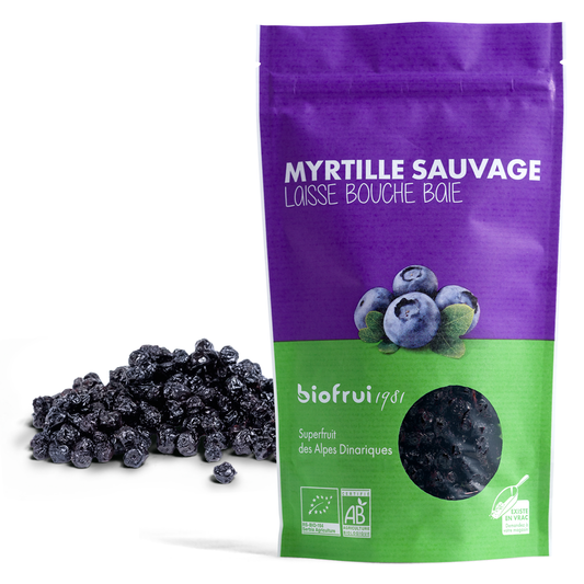 Myrtille sauvage séchée entière bio des Alpes Dinariques - Sachet 100g imprimé éco-conçu