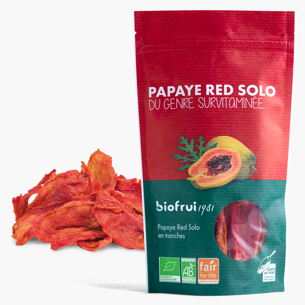 Papaye Red Solo séchée en tranches bio équitable en sachet 100g imprimé éco-conçu - Pack Éco